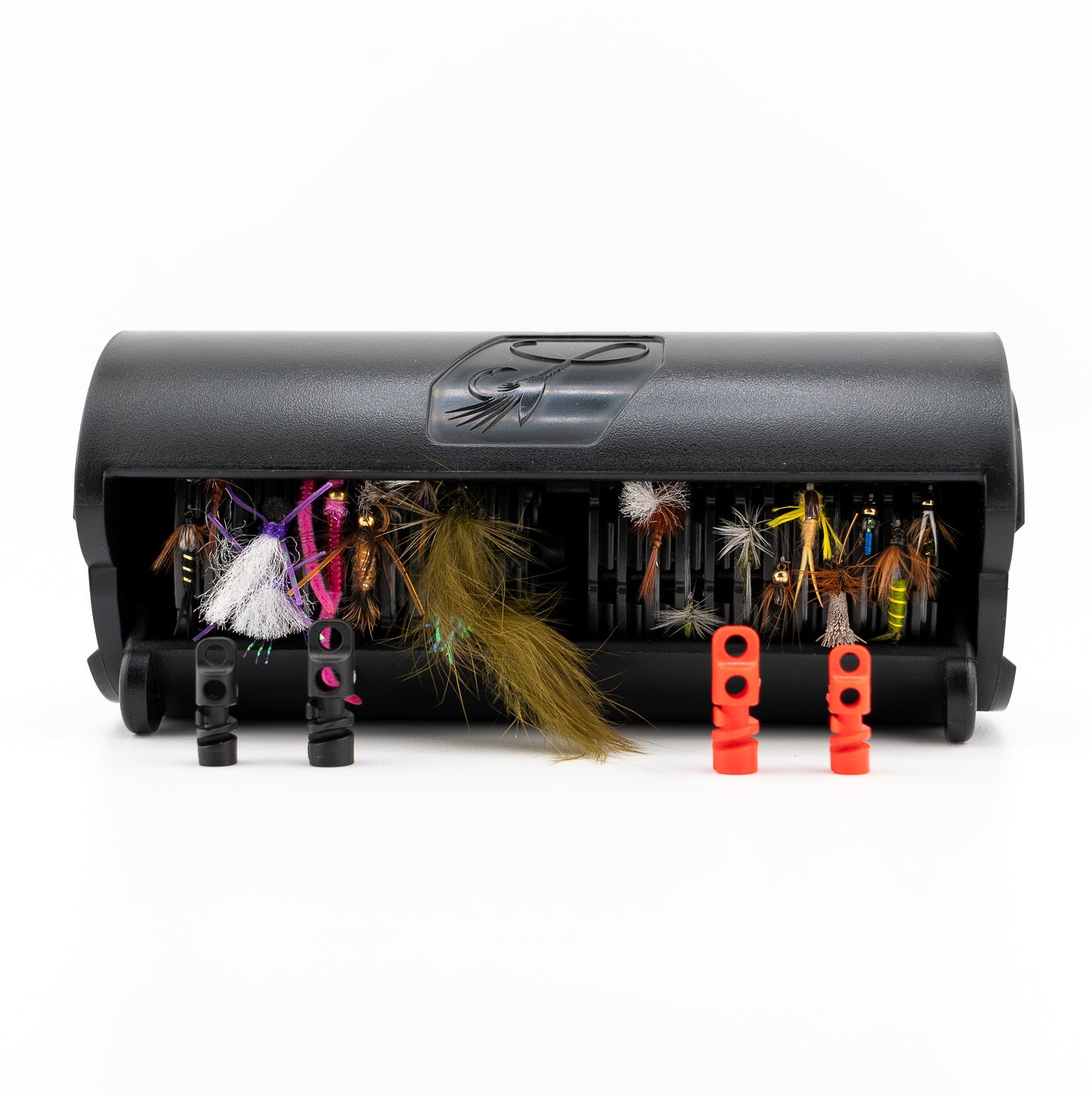 Black QuickDrift™ with various colorful fly fishing lures on a white background